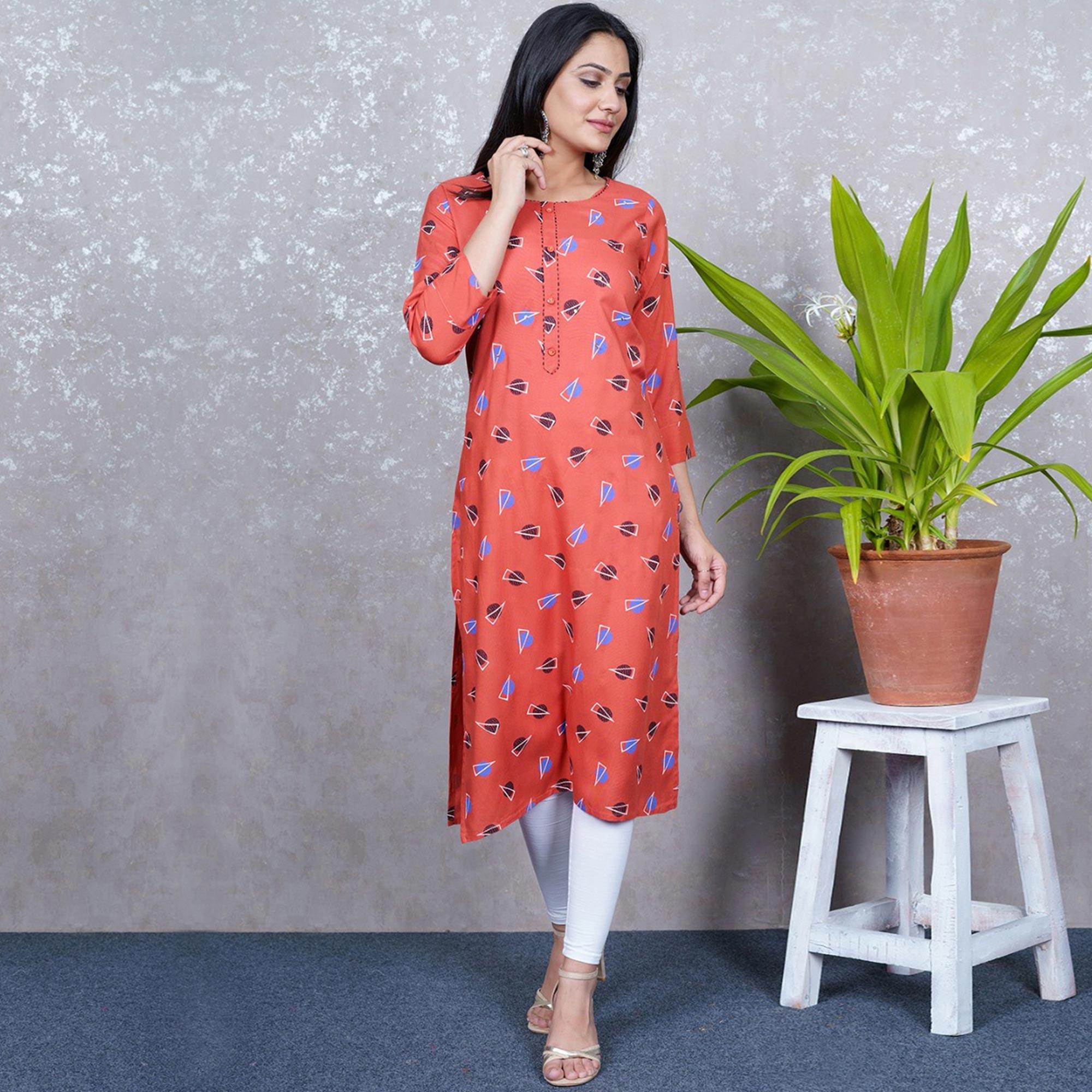 Aariya Designs - Rust Orange Colored Casual Wear Geometric Printed Rayon Kurti - Peachmode