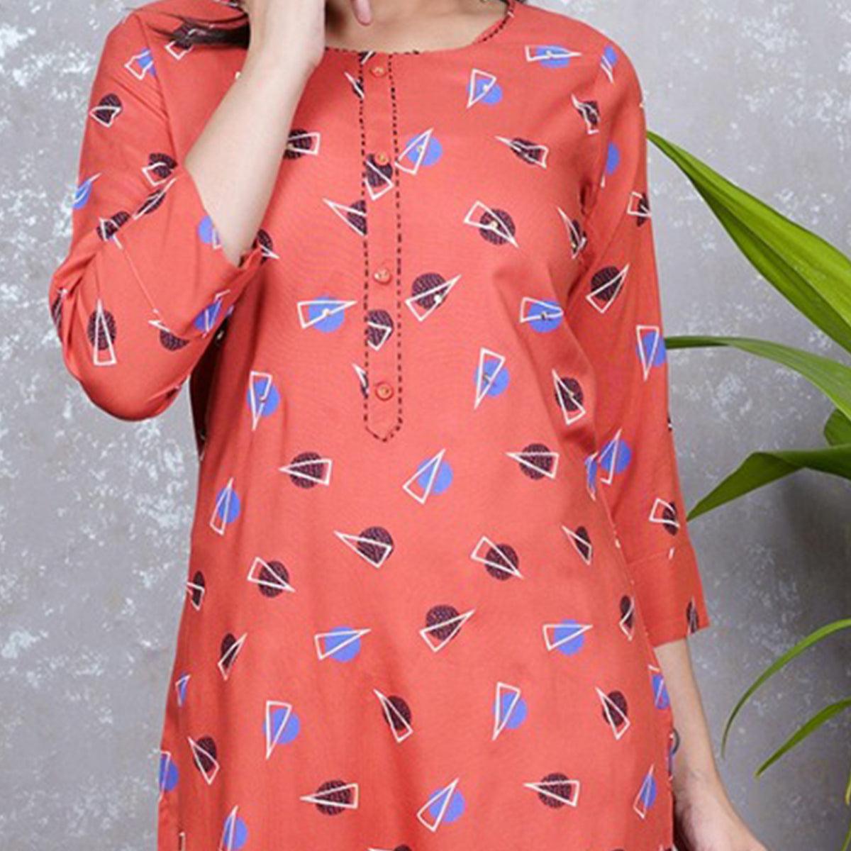 Aariya Designs - Rust Orange Colored Casual Wear Geometric Printed Rayon Kurti - Peachmode
