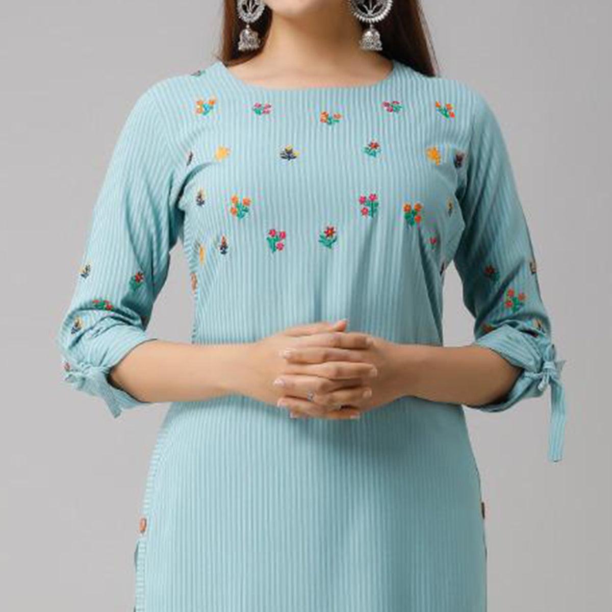 Aariya Designs - Sky Blue Colored Casual Floral Embroidered Cotton Kurti - Peachmode