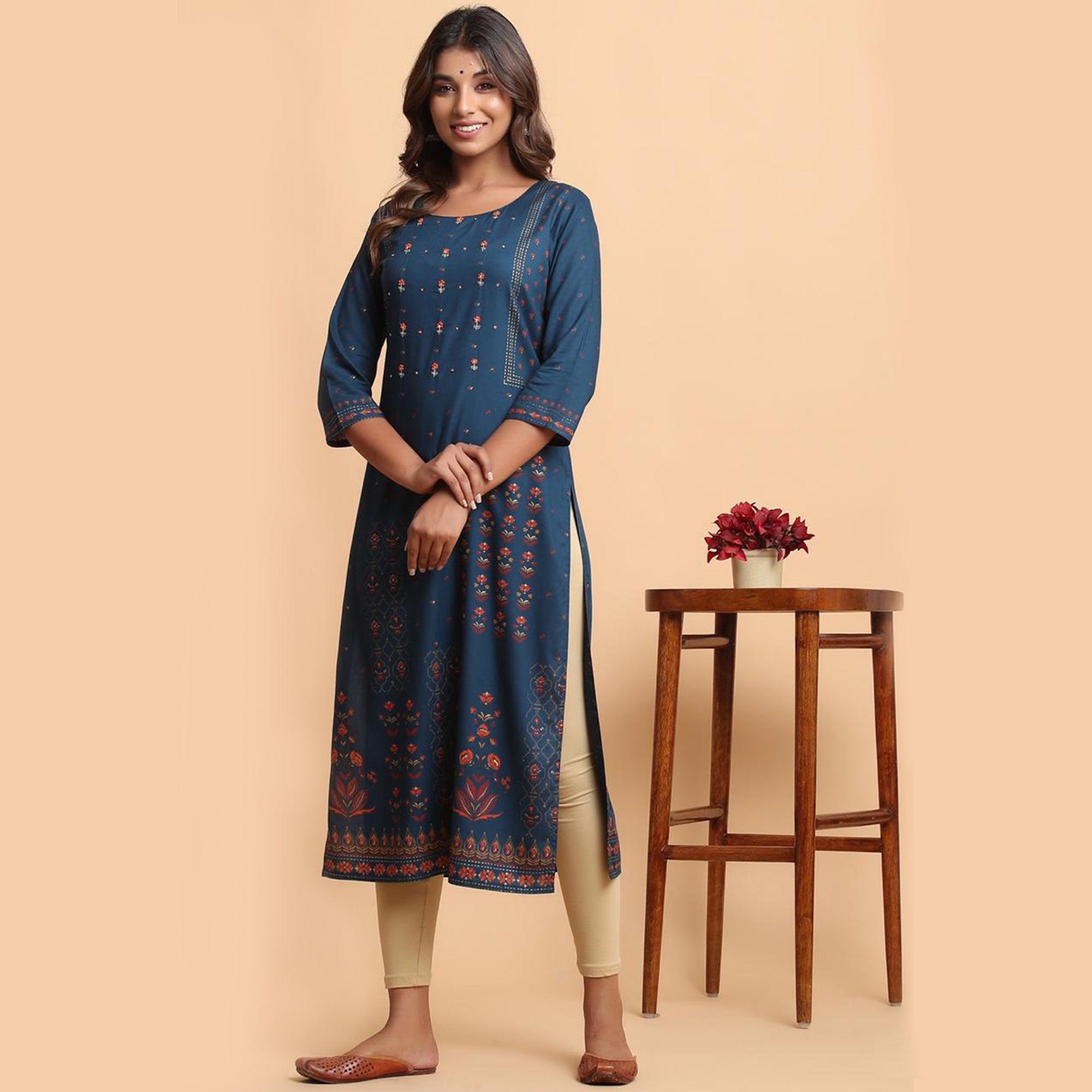 Aariya Designs - Teal Blue Colored Casual Wear Printed Cotton Kurti - Peachmode