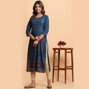 Aariya Designs - Teal Blue Colored Casual Wear Printed Cotton Kurti - Peachmode