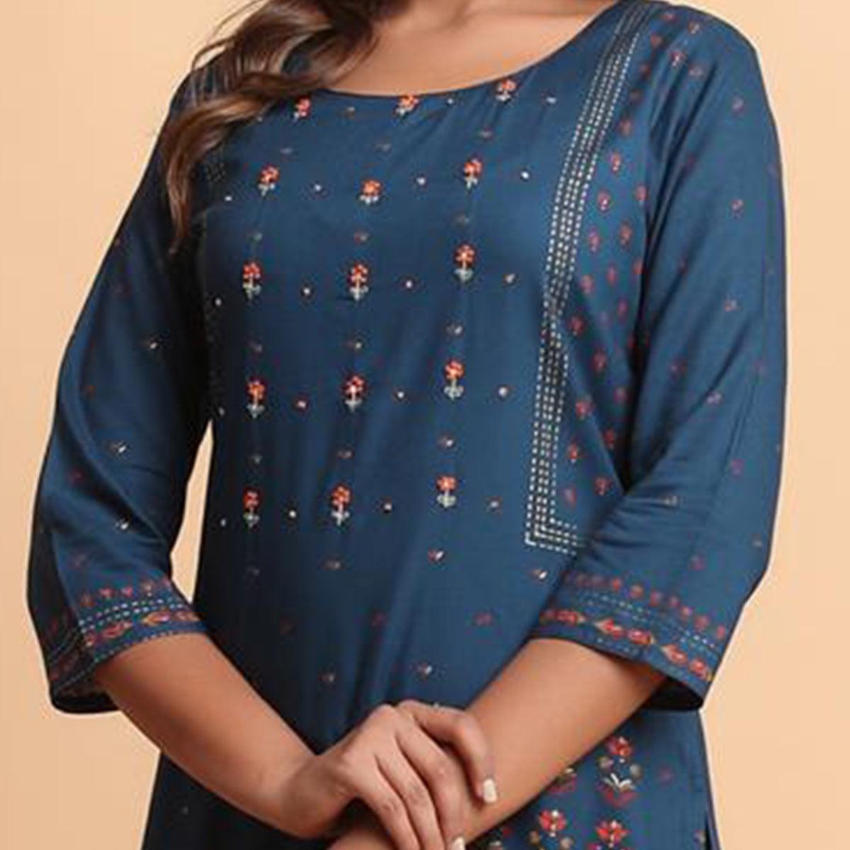 Aariya Designs - Teal Blue Colored Casual Wear Printed Cotton Kurti - Peachmode
