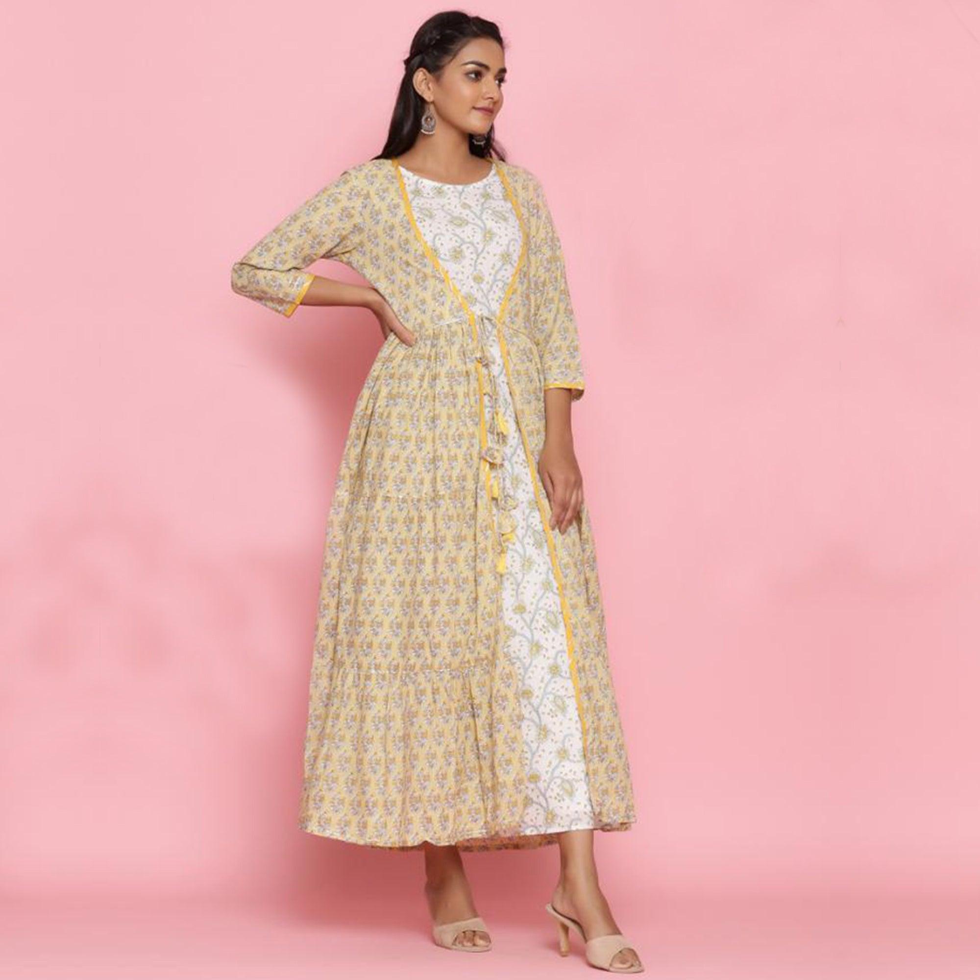 Aariya Designs - White-Beige Colored Casual Wear Printed Cotton Kurti With Jacket - Peachmode