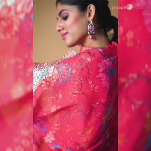 Coral Red Floral Printed And Sequins Work Georgette Lehenga Choli
