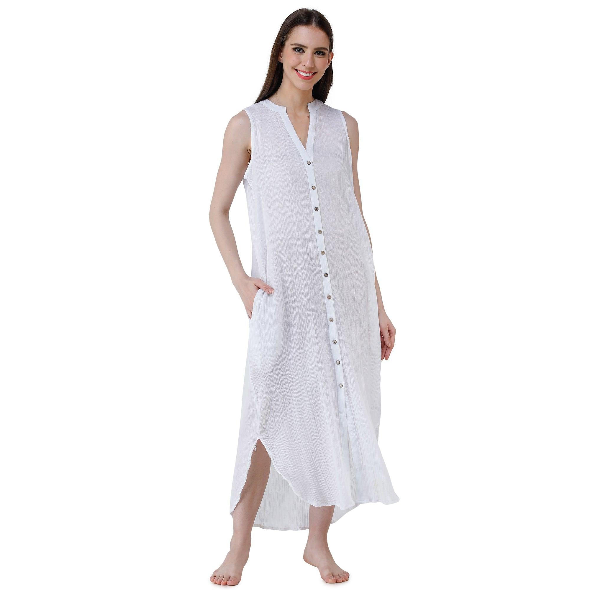Adirav - White Solid Pure Cotton Dress - Peachmode