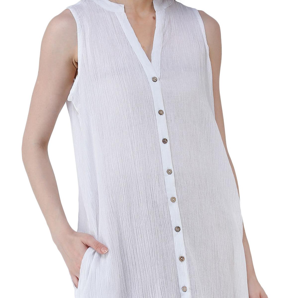 Adirav - White Solid Pure Cotton Dress - Peachmode