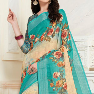 Adorable Beige Colored Casual Floral Digital Printed Linen Saree - Peachmode