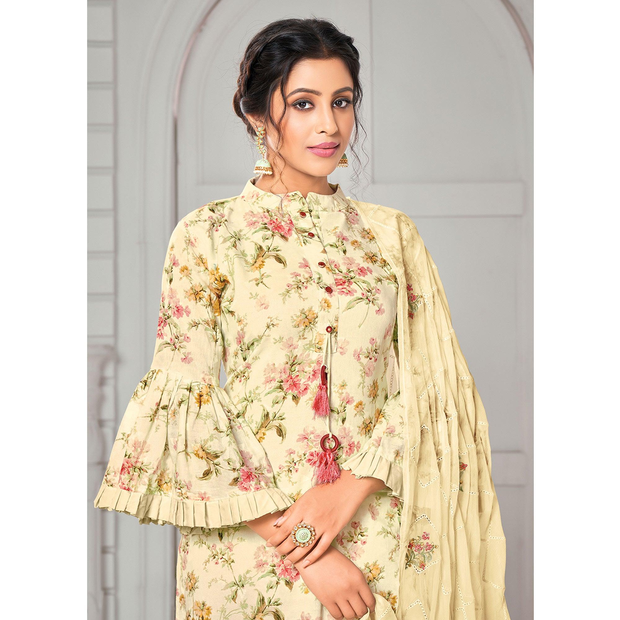 Adorable Beige Colored Casual Wear Digital Printed Cotton Dress Material - Peachmode