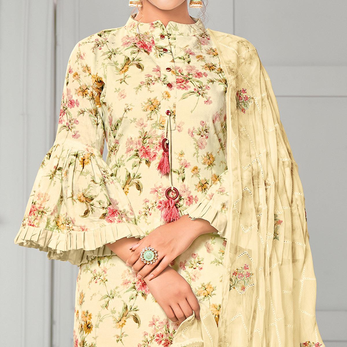 Adorable Beige Colored Casual Wear Digital Printed Cotton Dress Material - Peachmode