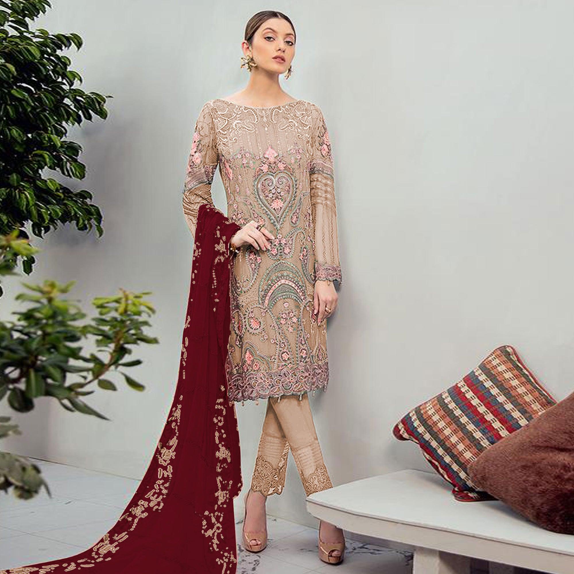 Adorable Beige Colored Partywear Embroidered Georgette Staright Suit - Peachmode