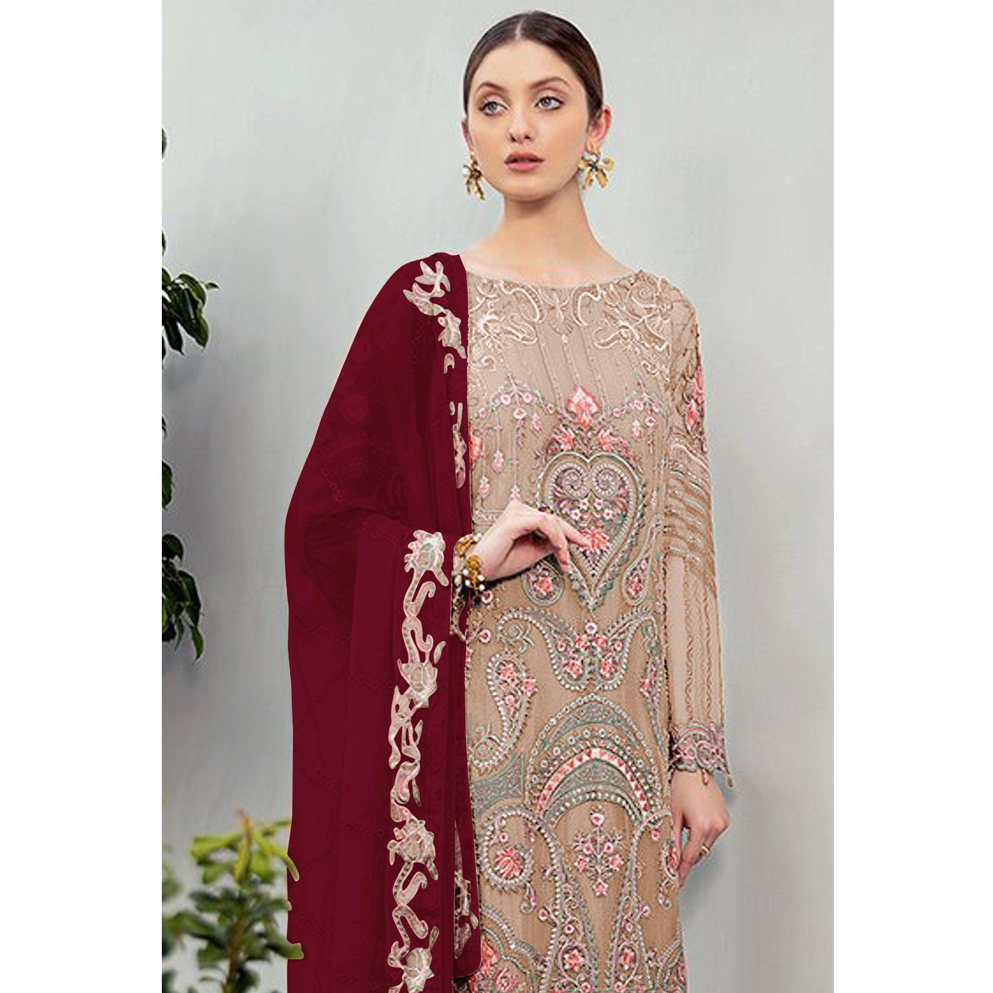 Adorable Beige Colored Partywear Embroidered Georgette Staright Suit - Peachmode