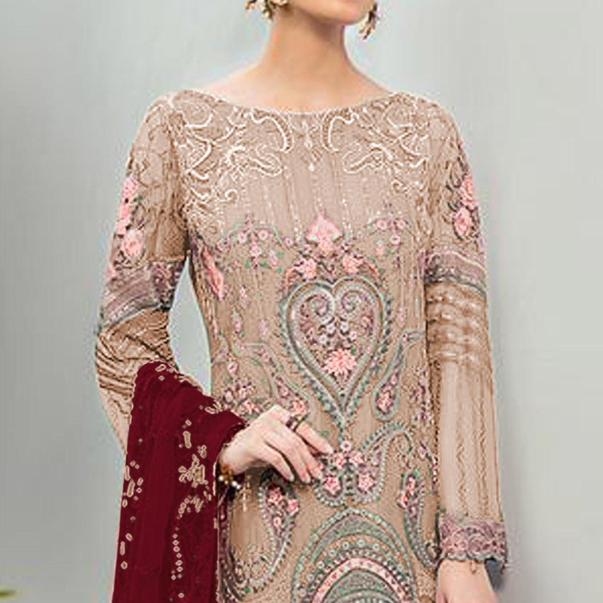 Adorable Beige Colored Partywear Embroidered Georgette Staright Suit - Peachmode
