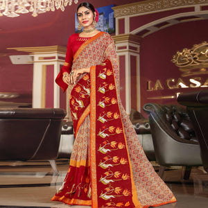 Adorable Beige - Red Colored Partywear Embroidered Silk Saree - Peachmode