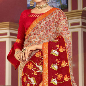 Adorable Beige - Red Colored Partywear Embroidered Silk Saree - Peachmode
