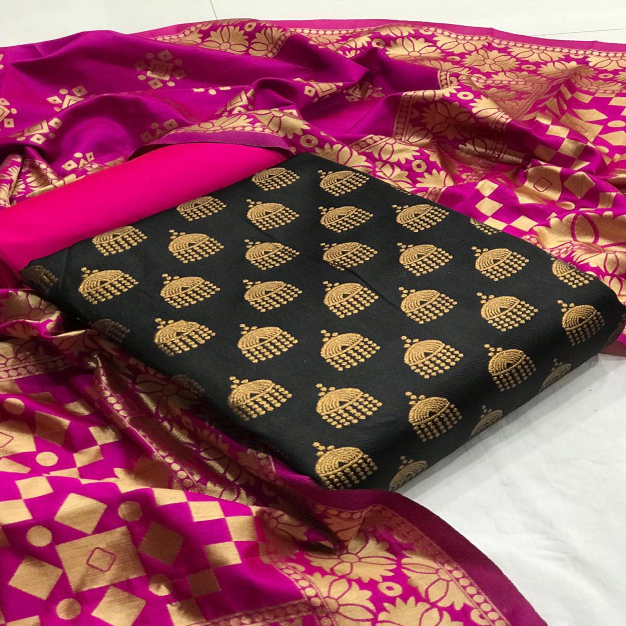 Adorable Black Colored Casual Wear Banarasi Silk Dress Material - Peachmode