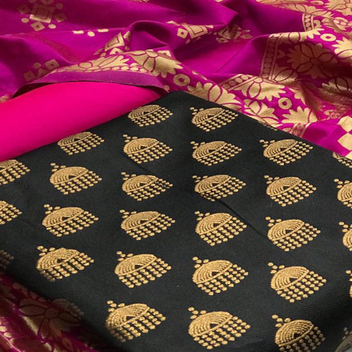 Adorable Black Colored Casual Wear Banarasi Silk Dress Material - Peachmode