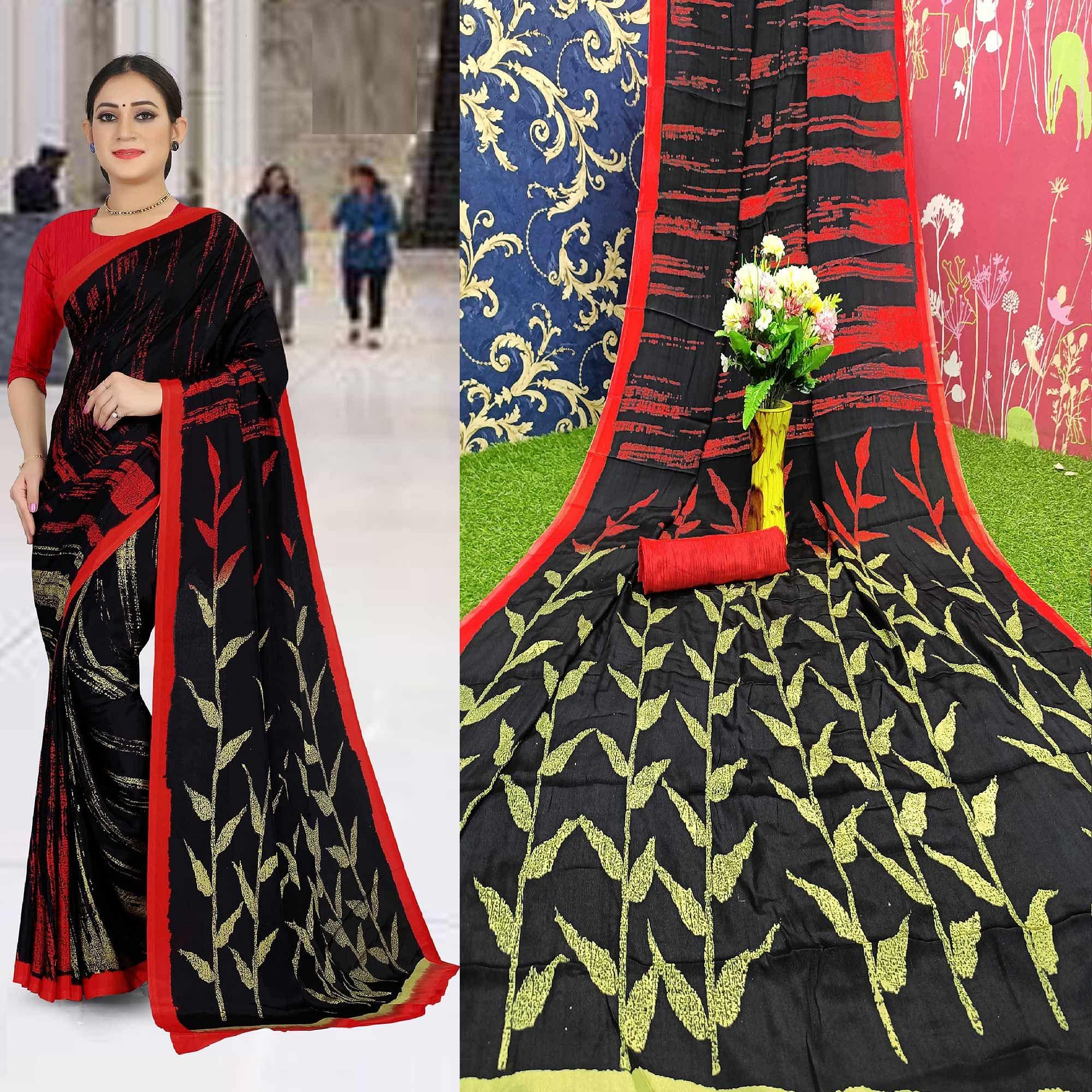 Adorable Black Colored Casual Wear Printed Satin Saree - Peachmode