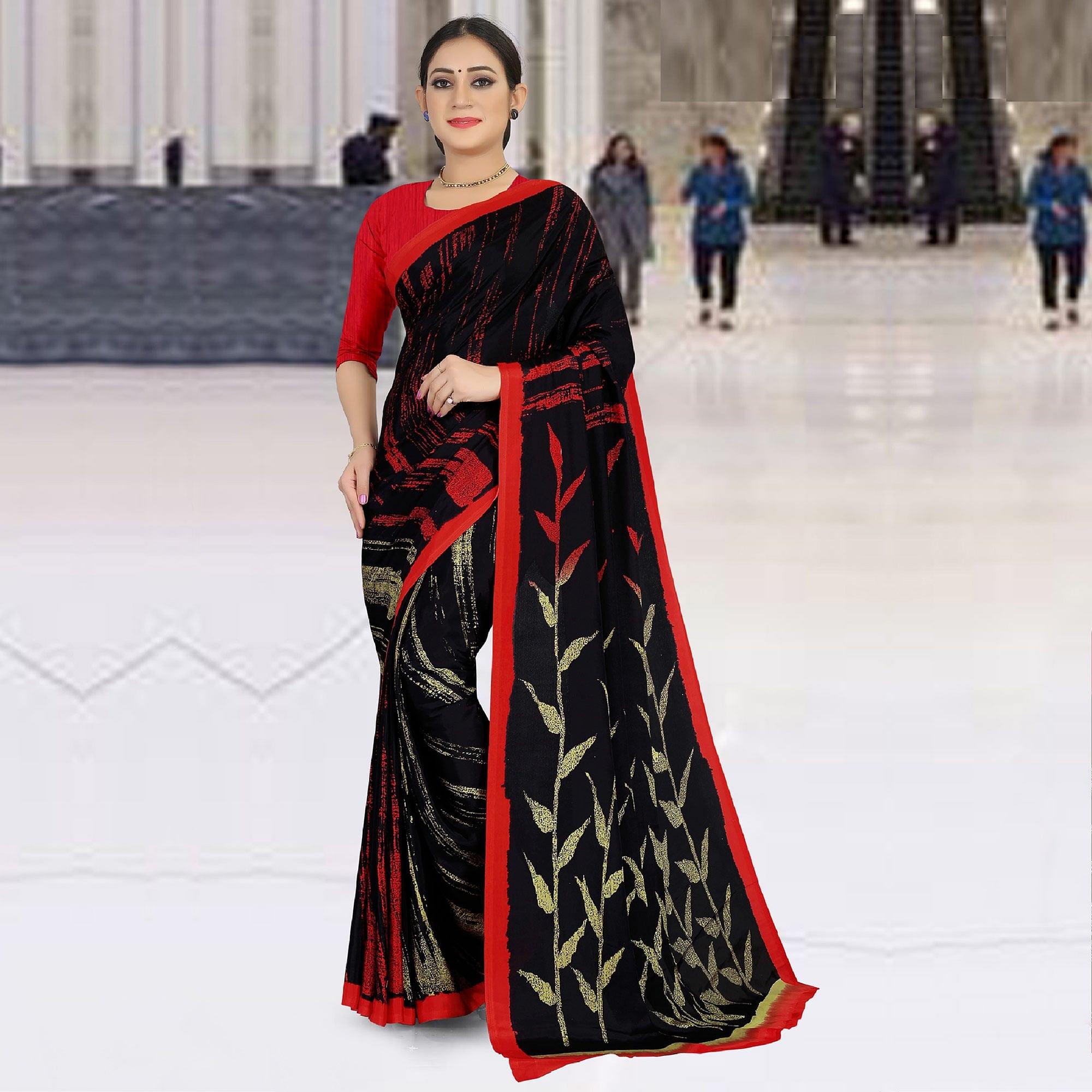 Adorable Black Colored Casual Wear Printed Satin Saree - Peachmode