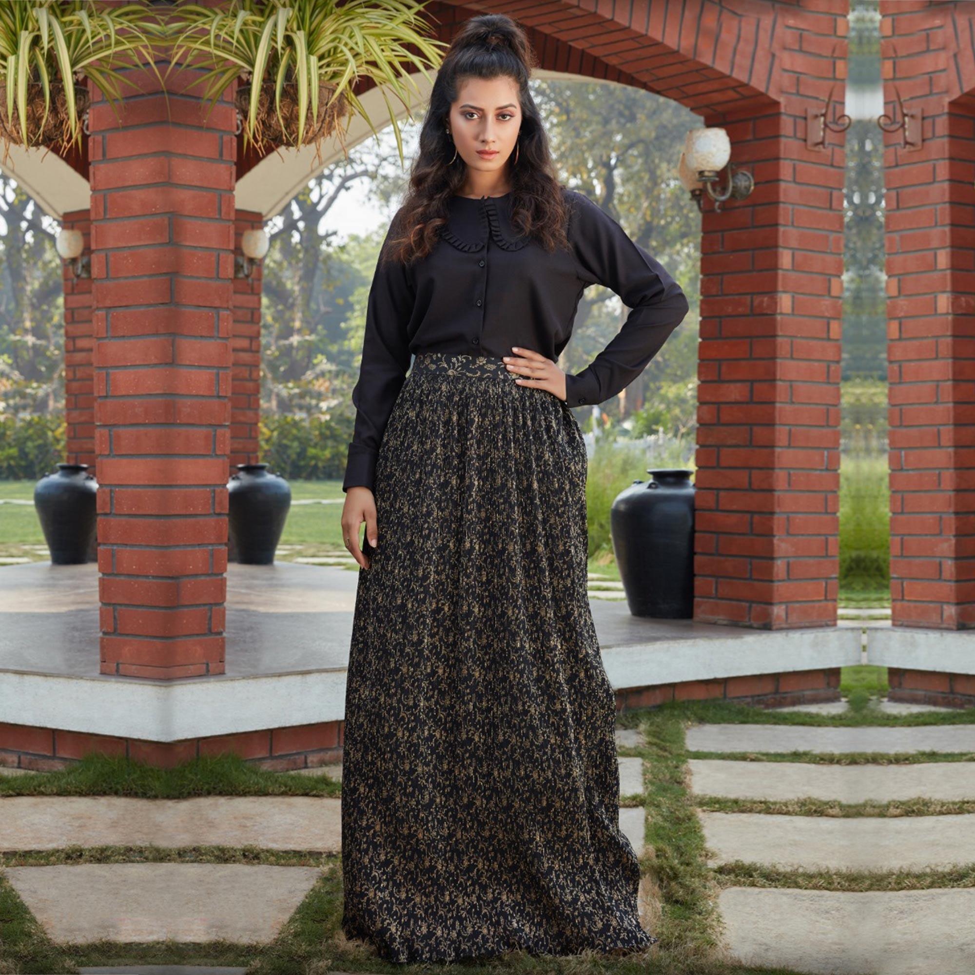 Adorable Black Colored Casual Wear Printed Western Crop Top - Skirt Set - Peachmode