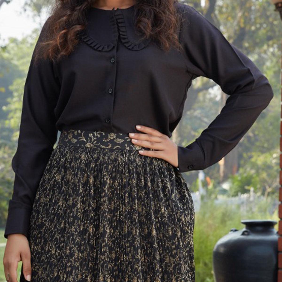 Adorable Black Colored Casual Wear Printed Western Crop Top - Skirt Set - Peachmode