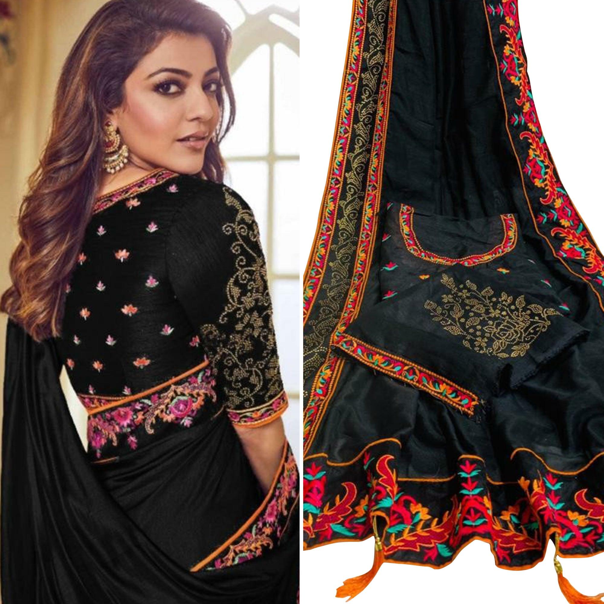 Adorable Black Colored Party Wear Embroidered Art Silk Saree With Tassels - Peachmode