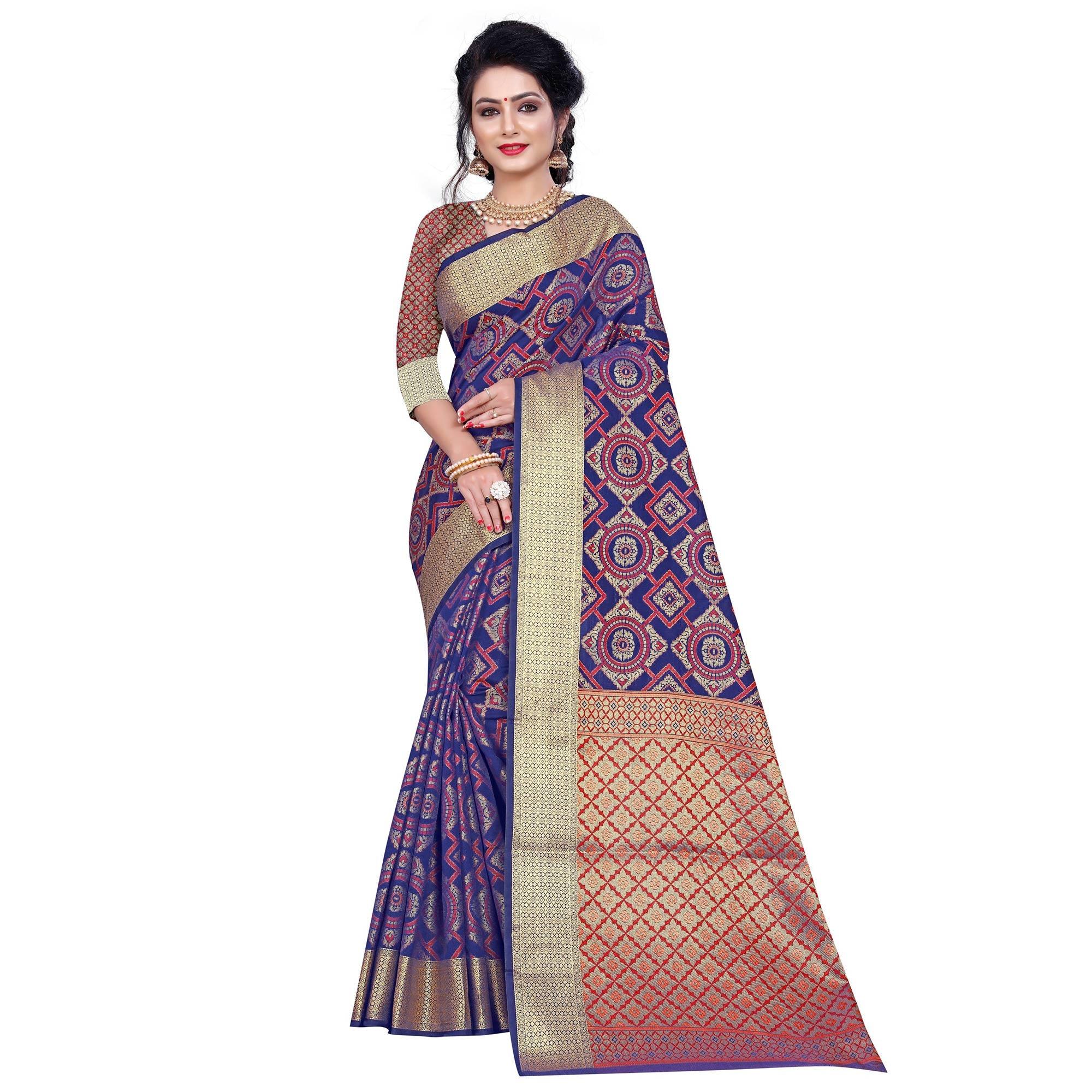 Adorable Blue Colored Festive Wear Woven Banarasi Silk Saree - Peachmode