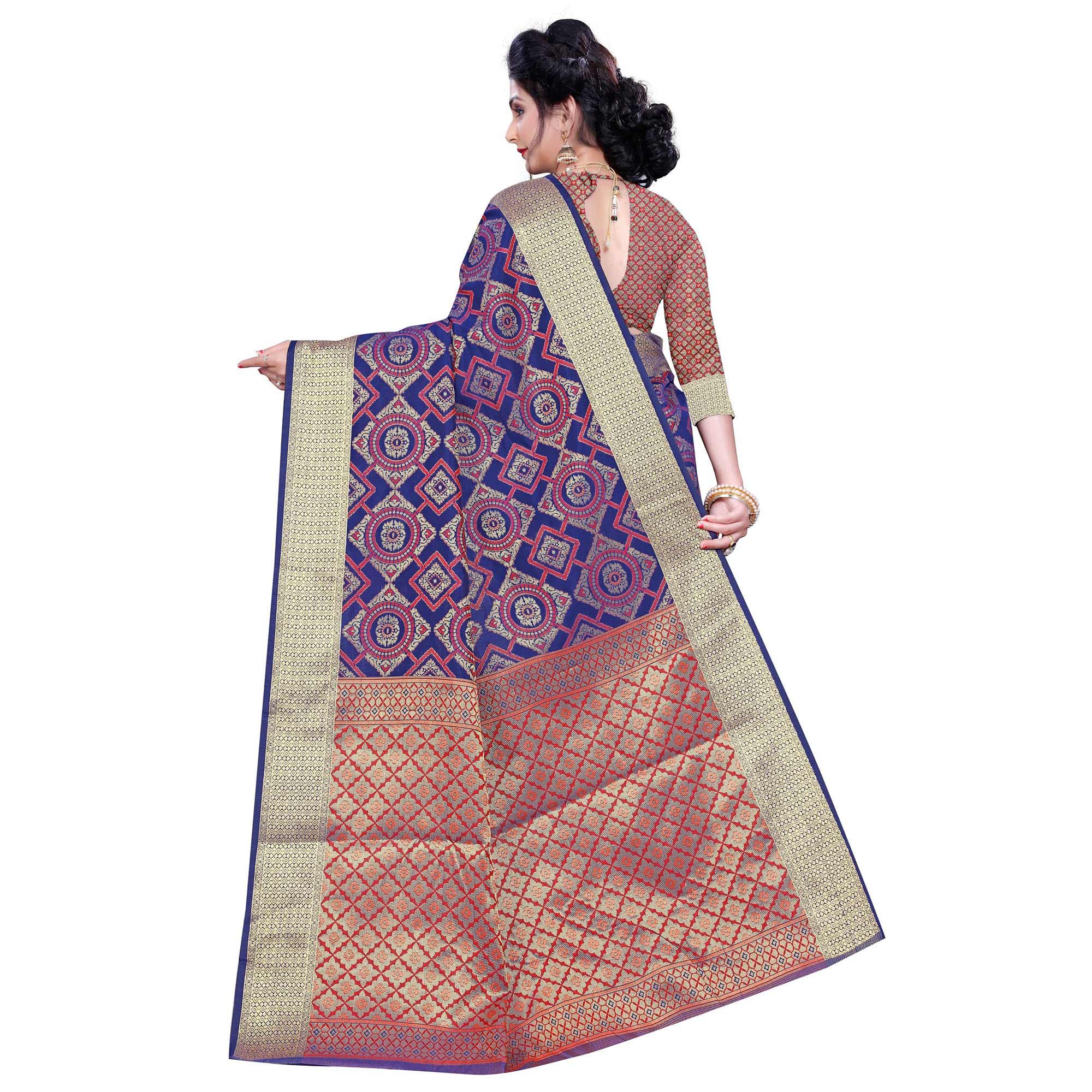 Adorable Blue Colored Festive Wear Woven Banarasi Silk Saree - Peachmode
