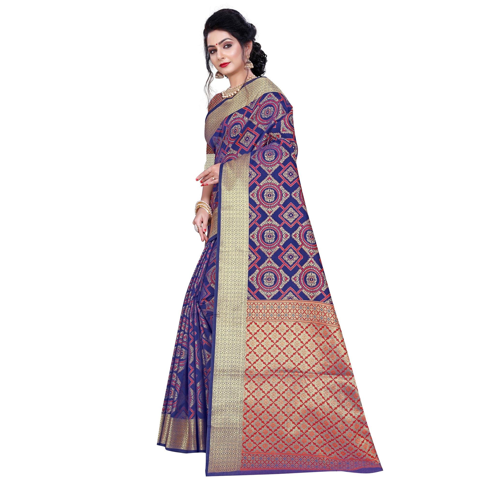 Adorable Blue Colored Festive Wear Woven Banarasi Silk Saree - Peachmode