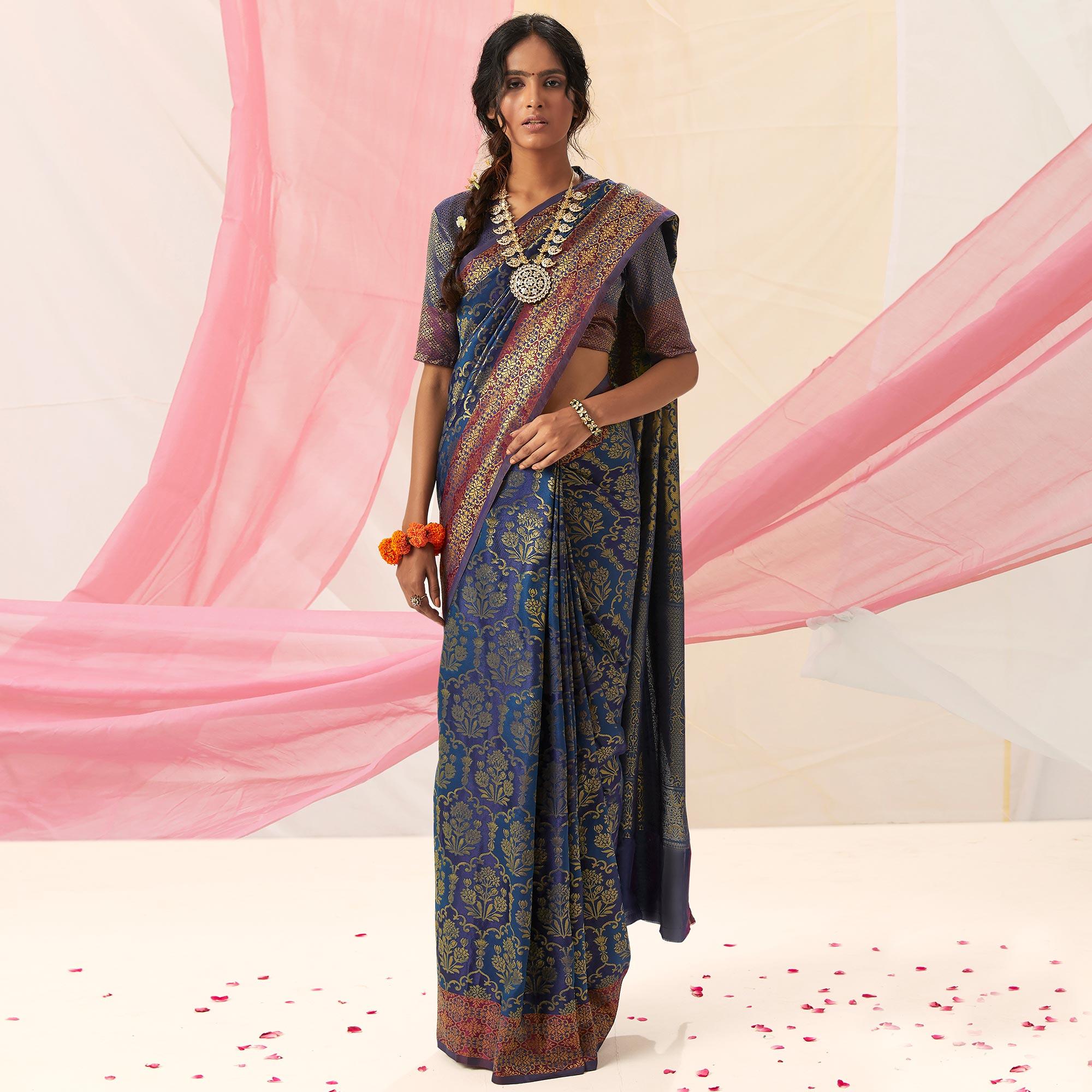 Adorable Blue Colored Festive Wear Woven Soft Silk Saree - Peachmode