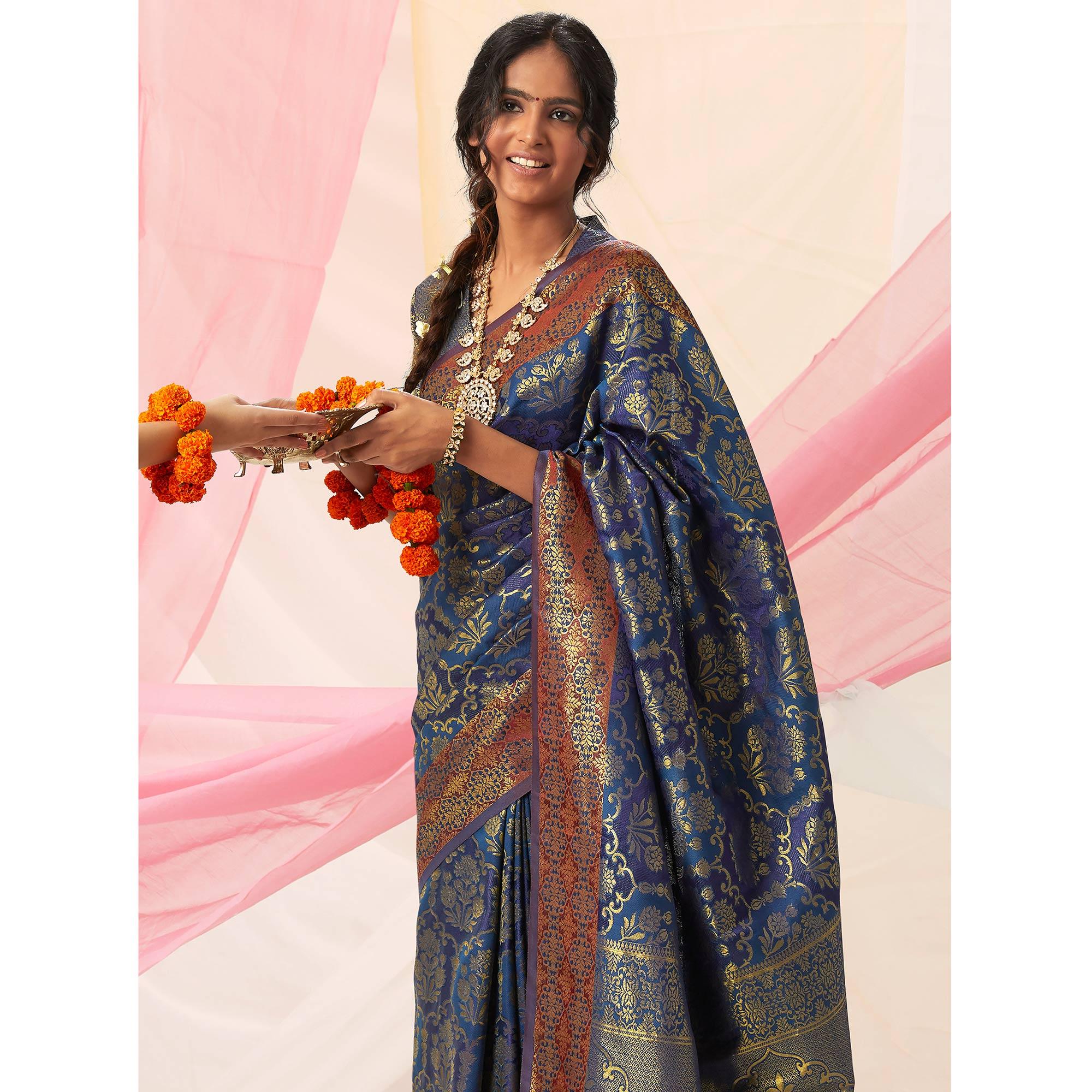 Adorable Blue Colored Festive Wear Woven Soft Silk Saree - Peachmode