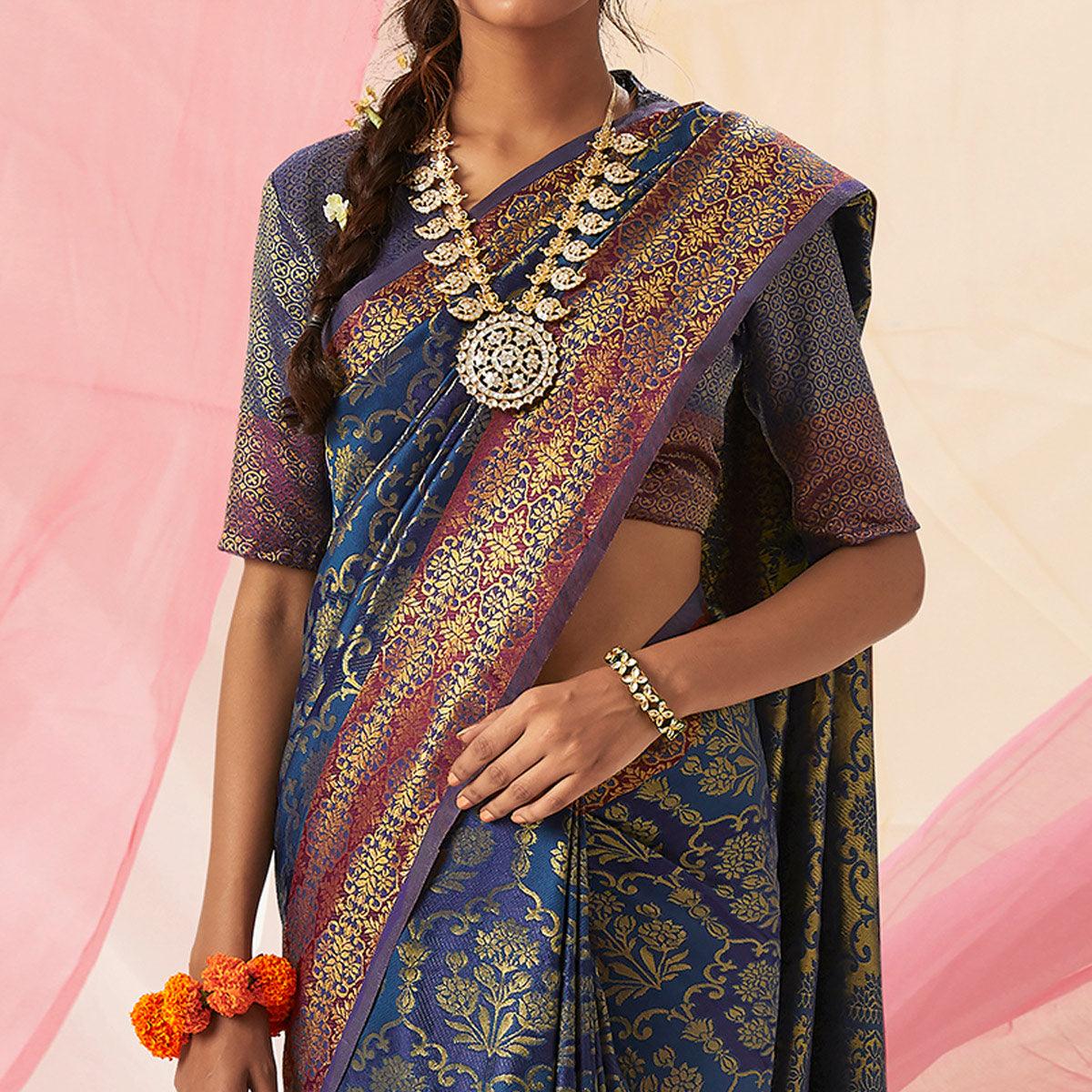 Adorable Blue Colored Festive Wear Woven Soft Silk Saree - Peachmode