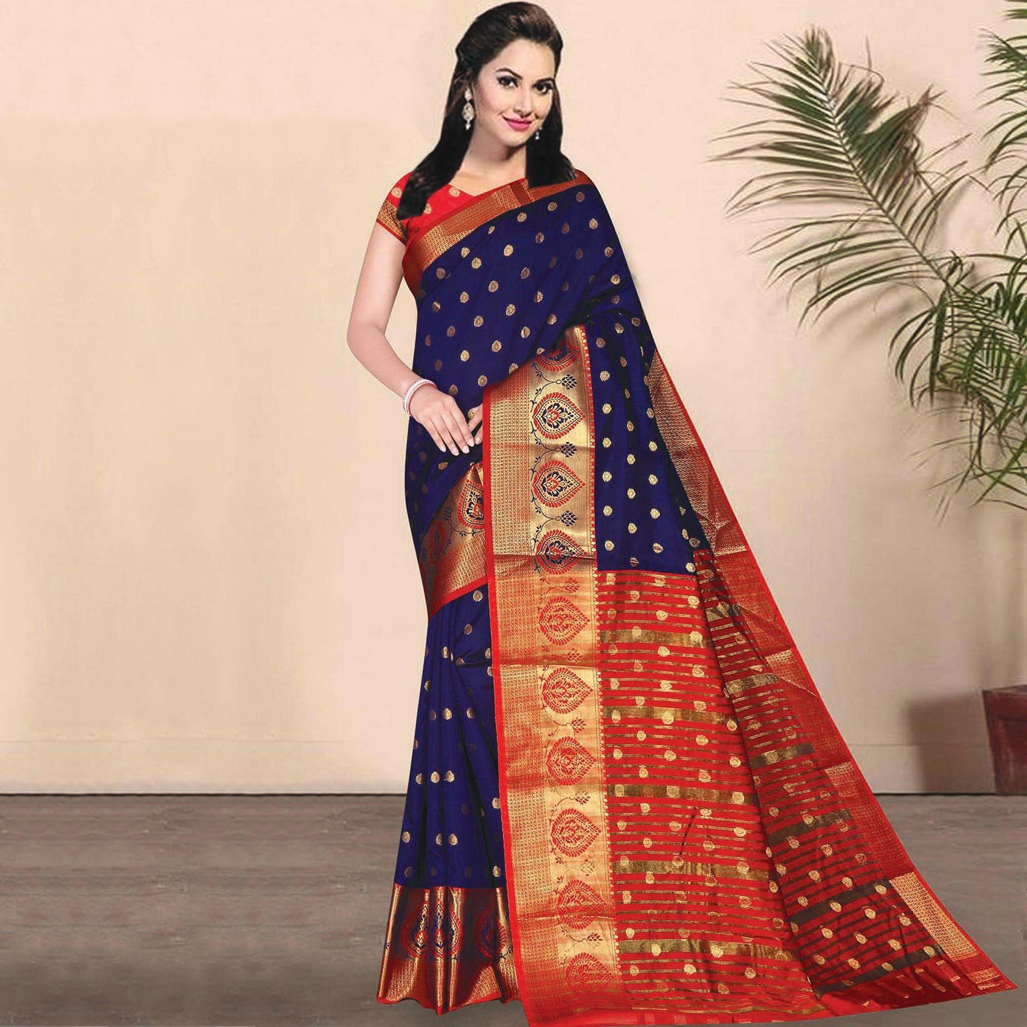 Adorable Blue Coloured Festive Wear Woven Kota Litchi Art Silk Saree - Peachmode