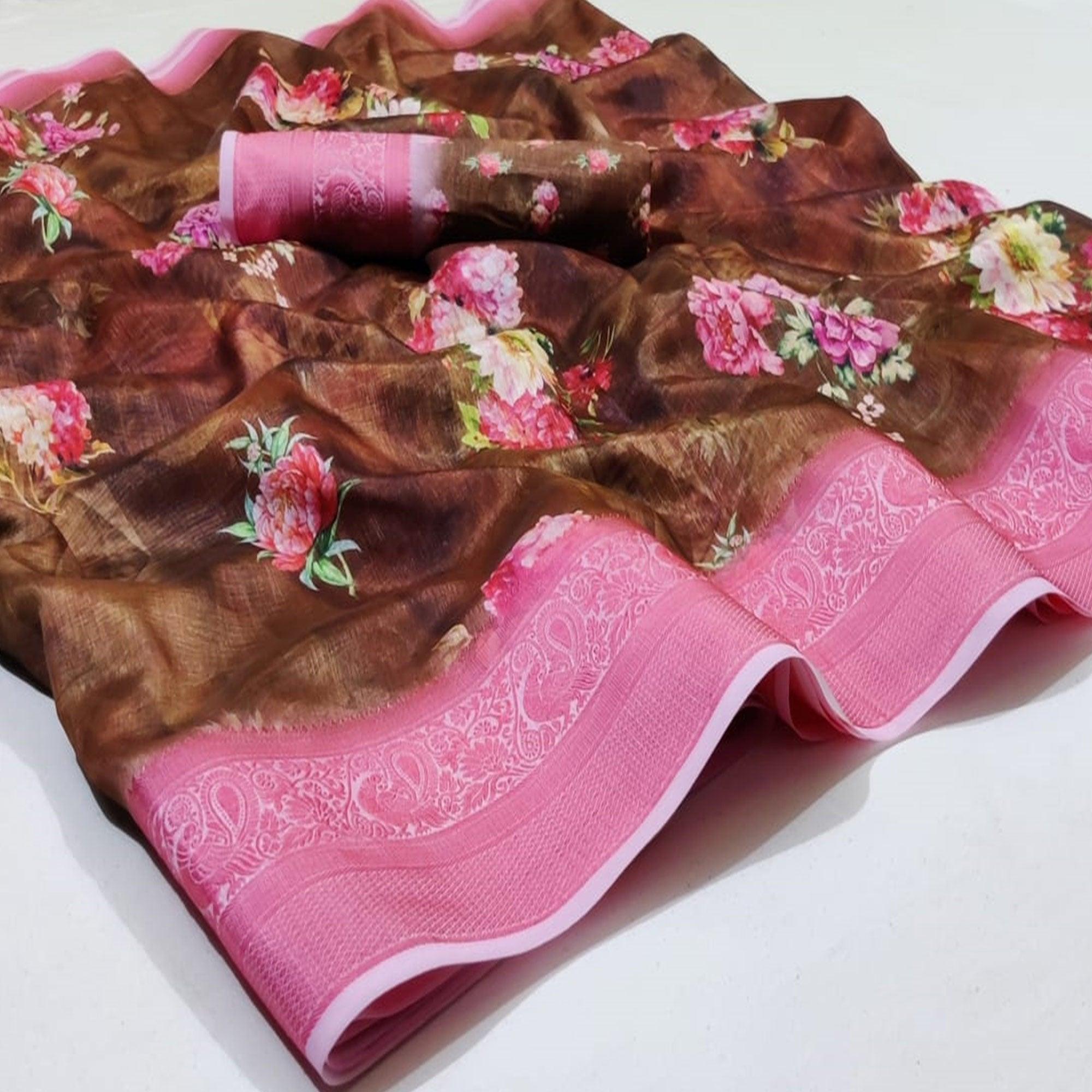 Adorable Brown Colored Casual Wear Digital Printed Pure Viscose Jacquard Saree - Peachmode