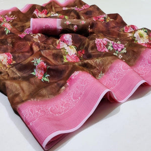 Adorable Brown Colored Casual Wear Digital Printed Pure Viscose Jacquard Saree - Peachmode