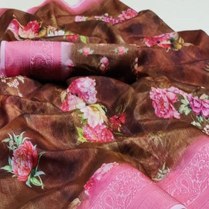 Adorable Brown Colored Casual Wear Digital Printed Pure Viscose Jacquard Saree - Peachmode