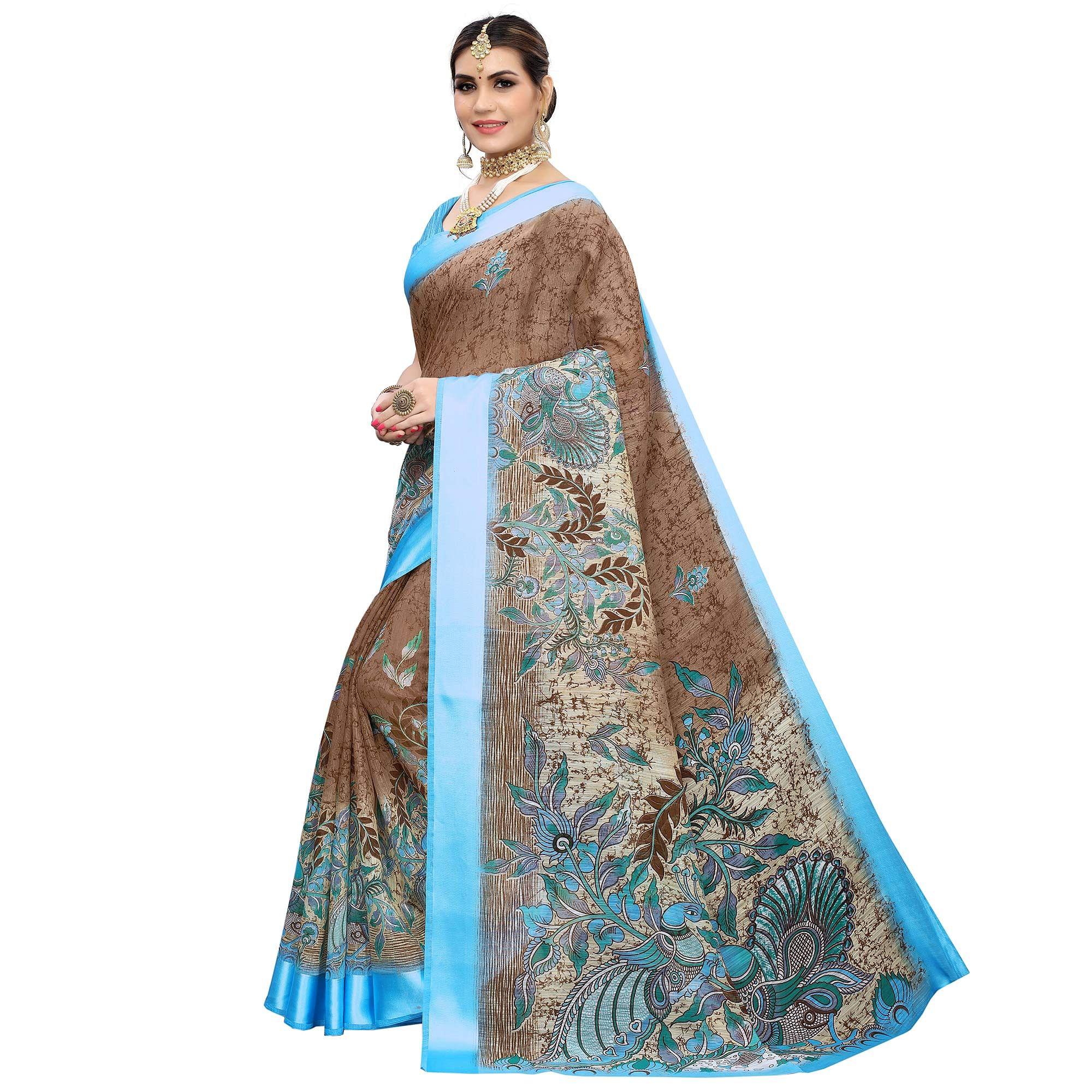 Adorable Brown Colored Casual Wear Printed Linen Saree - Peachmode
