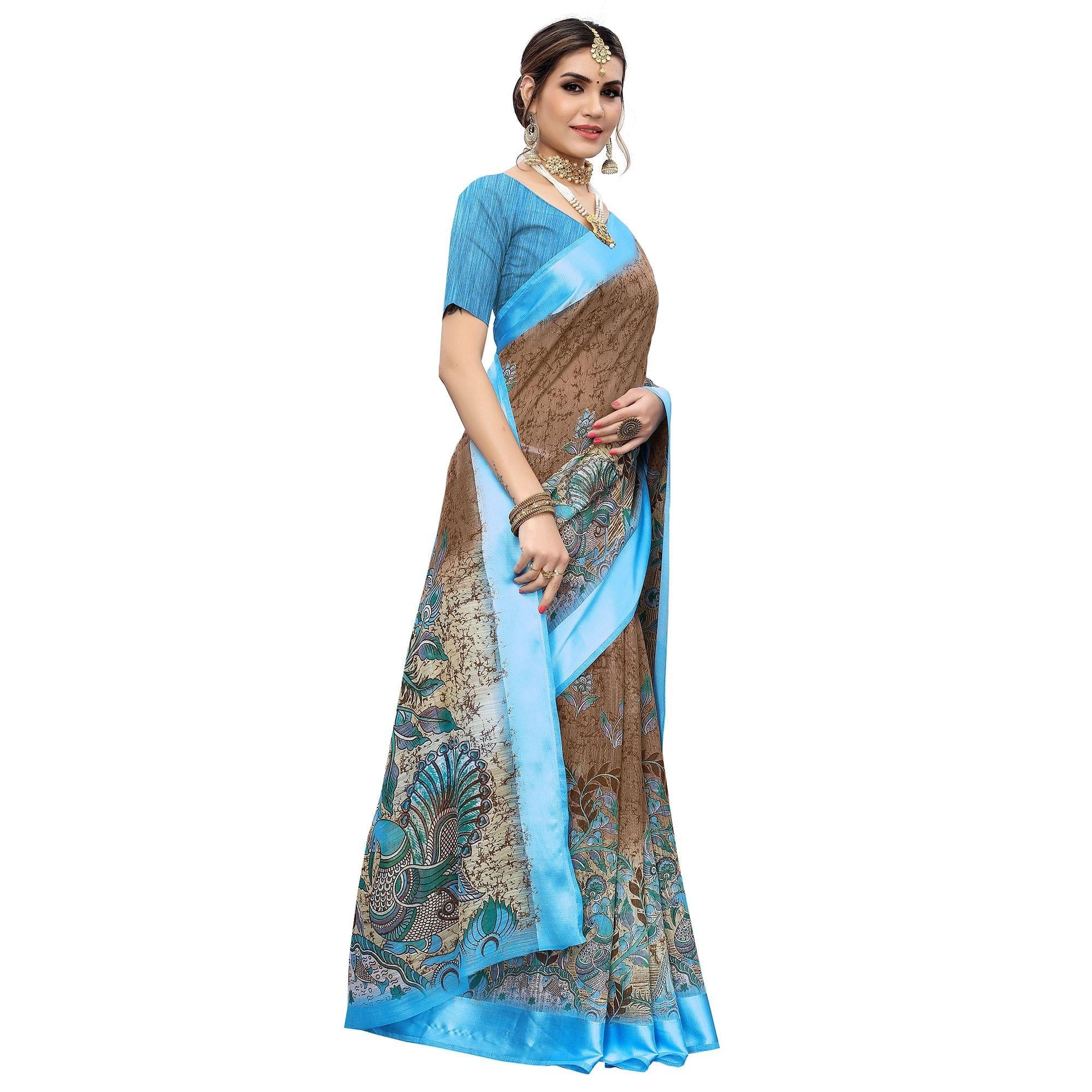 Adorable Brown Colored Casual Wear Printed Linen Saree - Peachmode