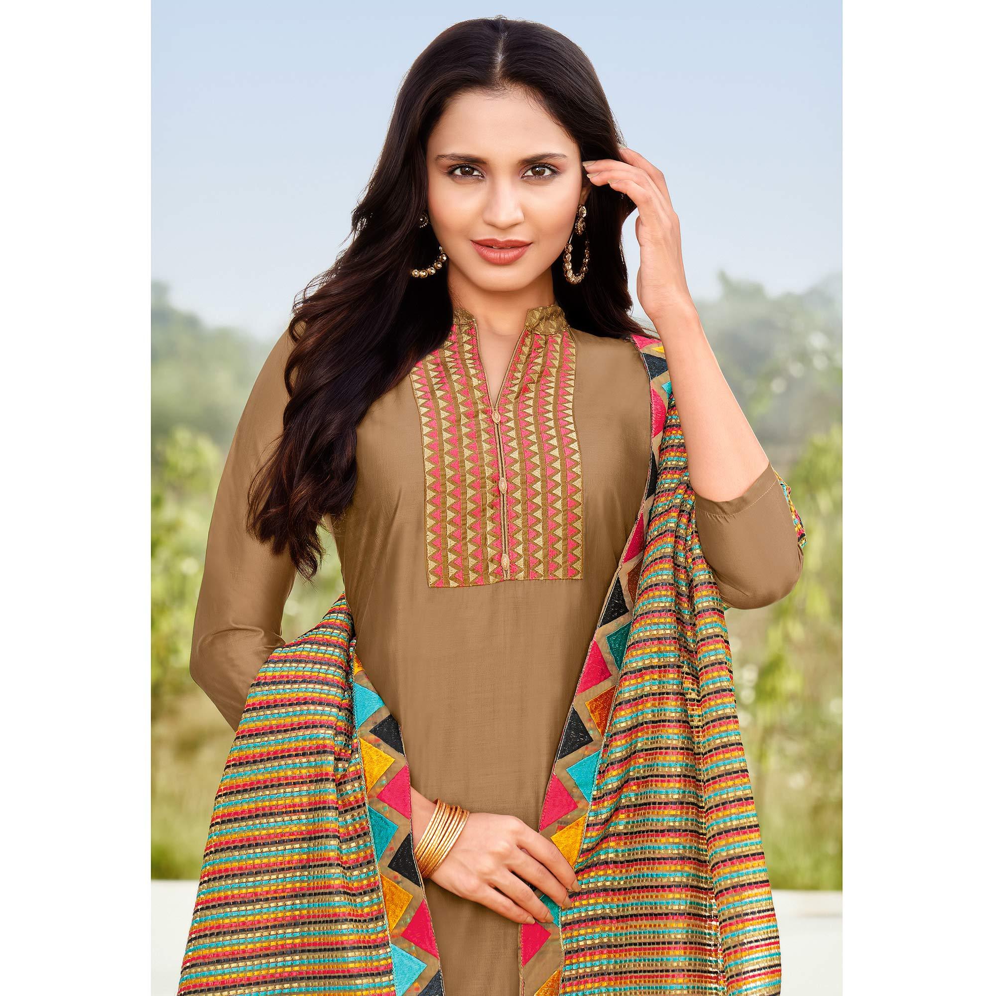 Adorable Brown Colored Festive Wear Embroidered Art Silk Dress Material - Peachmode