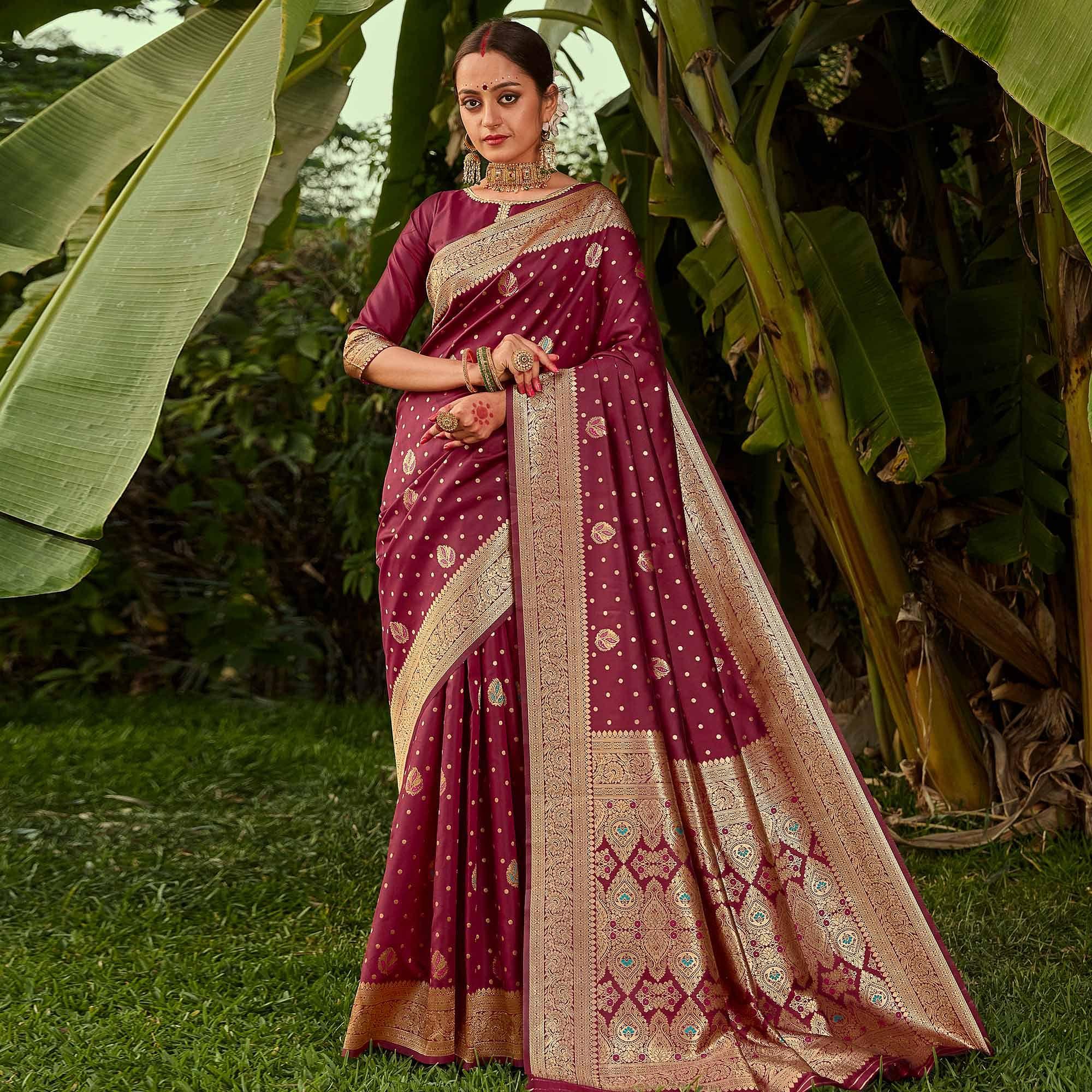 Adorable Burgundy Colored Festive Wear Woven Designer Silk Saree - Peachmode