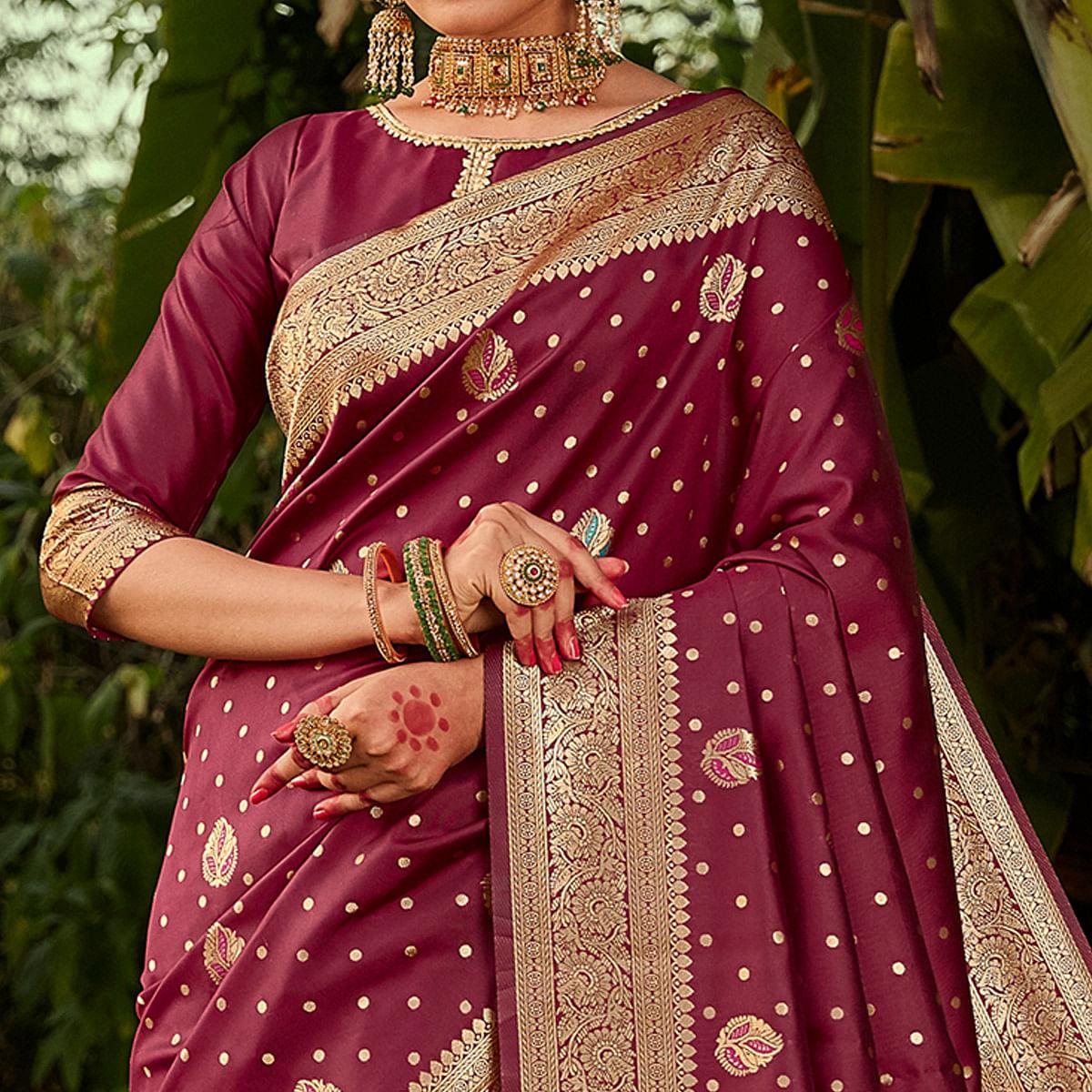 Adorable Burgundy Colored Festive Wear Woven Designer Silk Saree - Peachmode