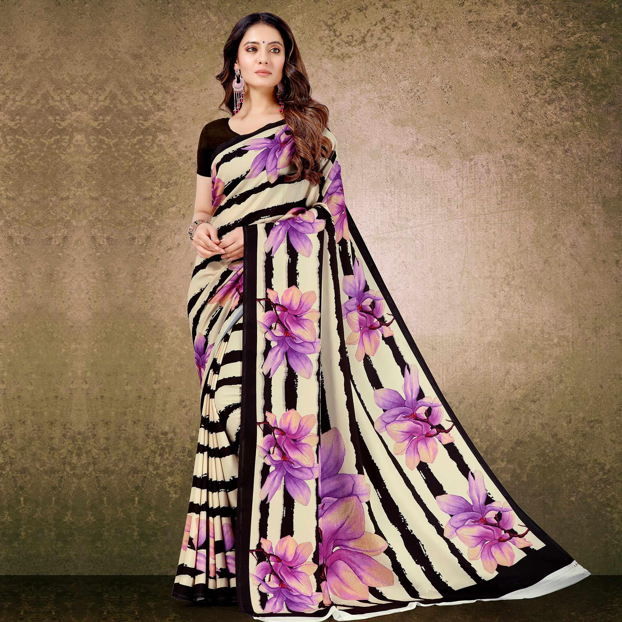 Adorable Cream-Black Floral Digital Print Casual Wear French Crepe Saree - Peachmode