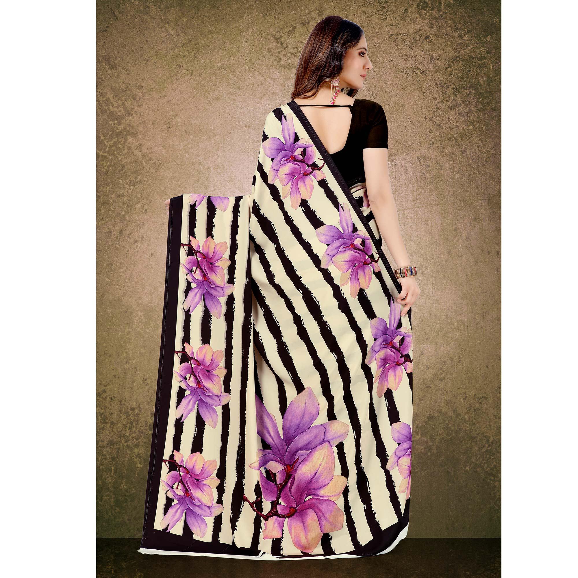 Adorable Cream-Black Floral Digital Print Casual Wear French Crepe Saree - Peachmode