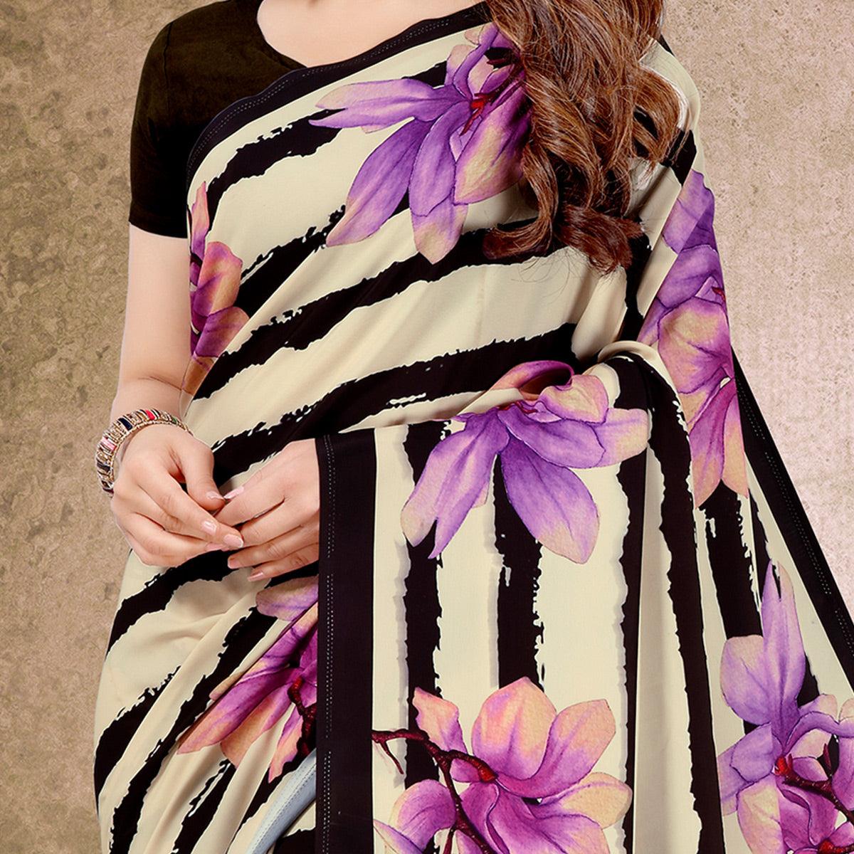 Adorable Cream-Black Floral Digital Print Casual Wear French Crepe Saree - Peachmode