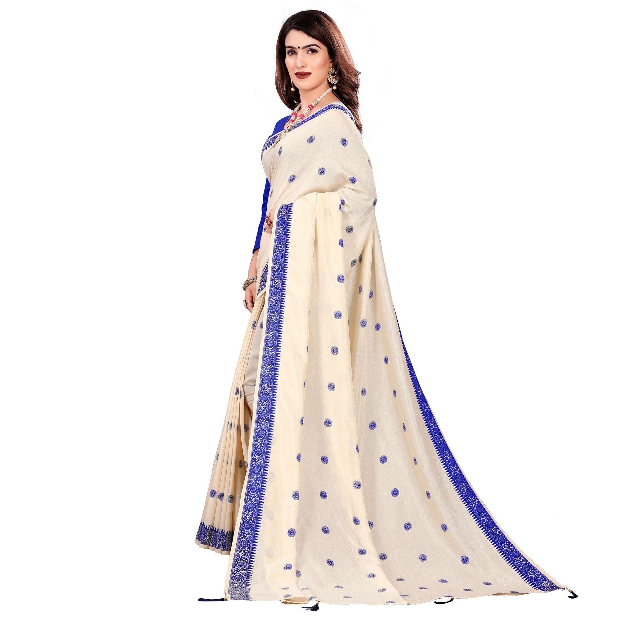 Adorable Cream Colored Casual Wear Embroidered Art Silk Saree With Tassels - Peachmode