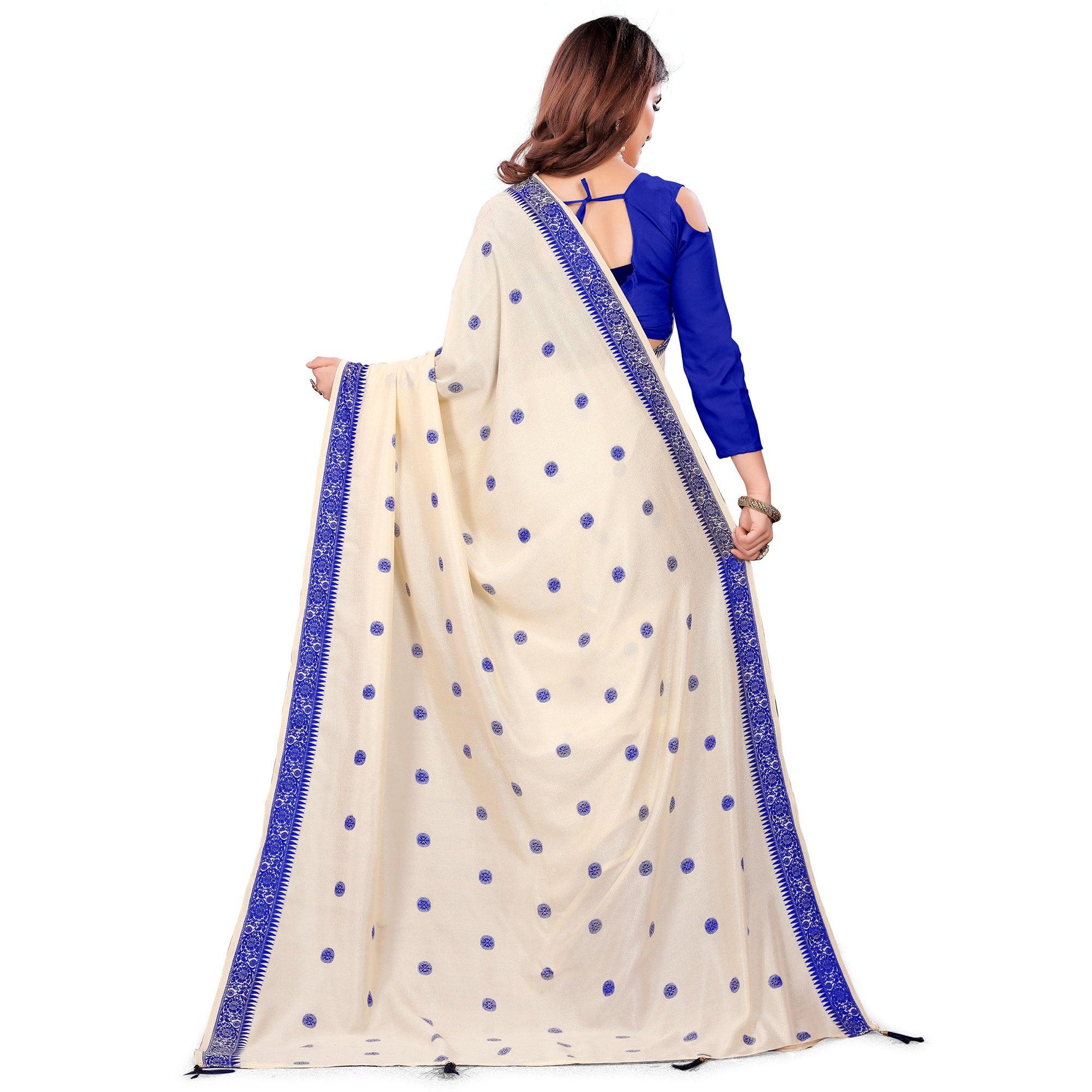 Adorable Cream Colored Casual Wear Embroidered Art Silk Saree With Tassels - Peachmode