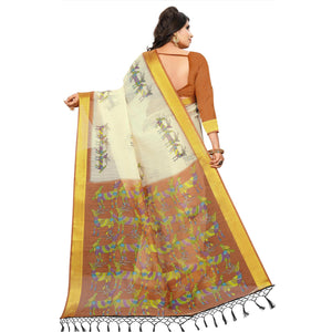 Adorable Cream - Orange Colored Casual Wear Digital Printed Cotton Saree - Peachmode