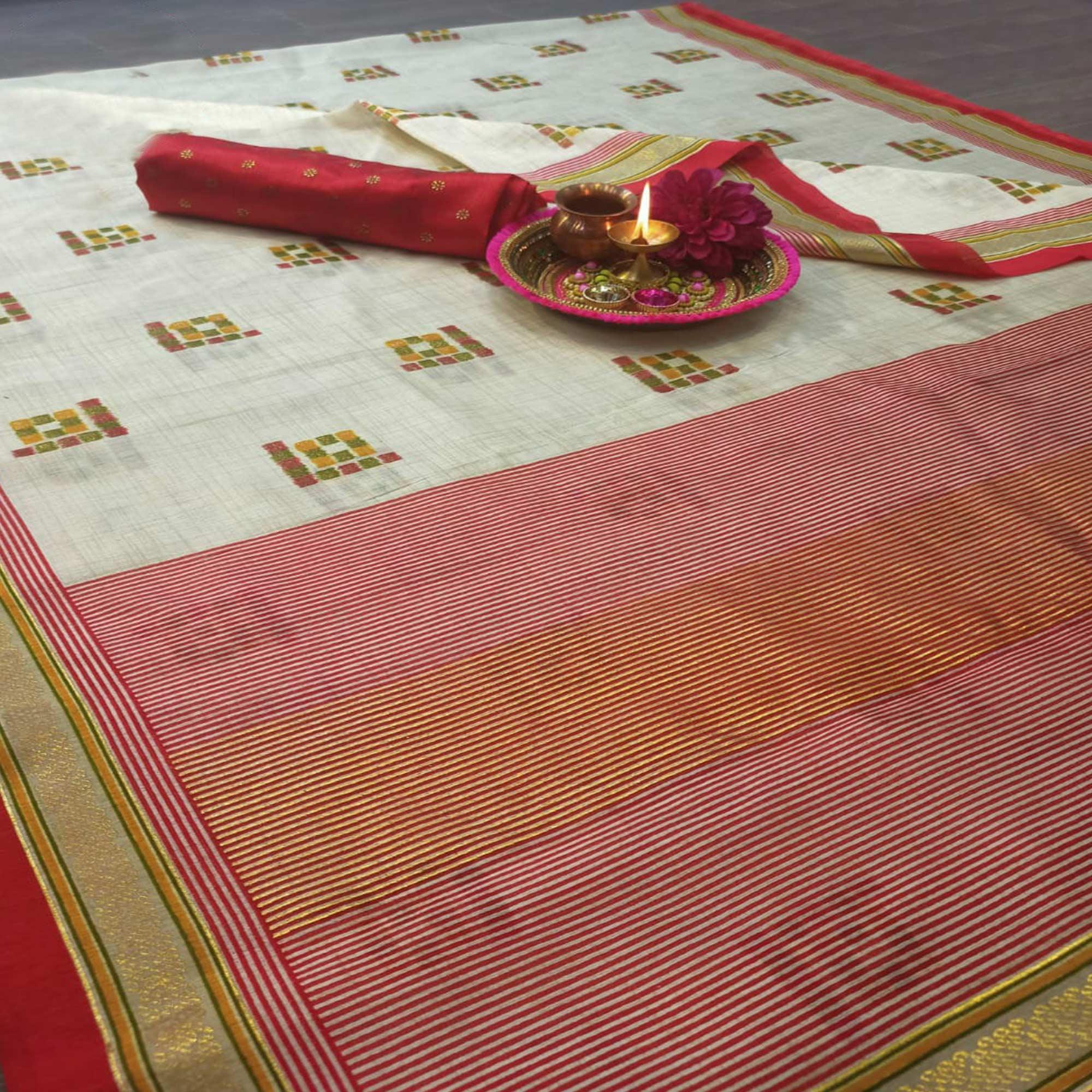 Adorable Cream-Red Colored Festive Wear Geometric Foil Print Patola Silk Saree - Peachmode