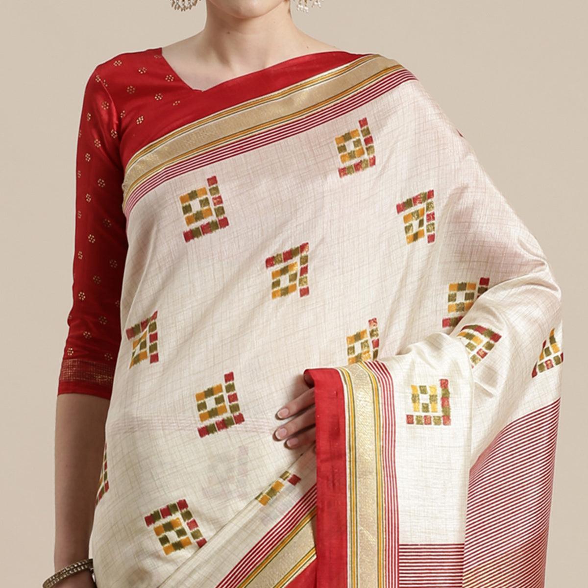 Adorable Cream-Red Colored Festive Wear Geometric Foil Print Patola Silk Saree - Peachmode