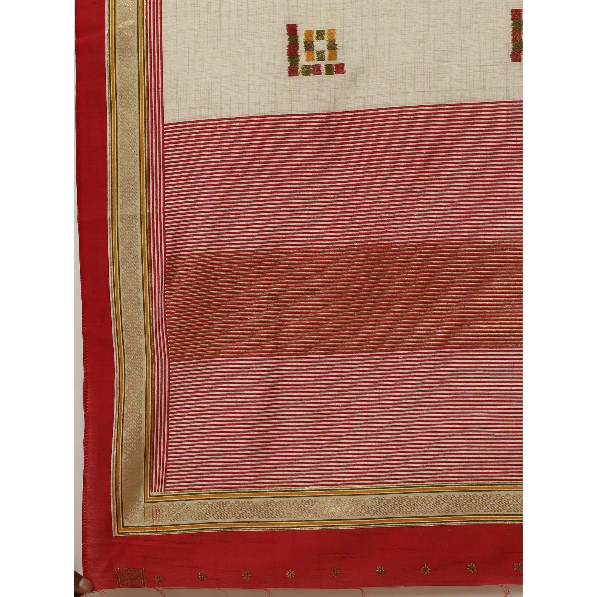 Adorable Cream-Red Colored Festive Wear Geometric Foil Print Patola Silk Saree - Peachmode