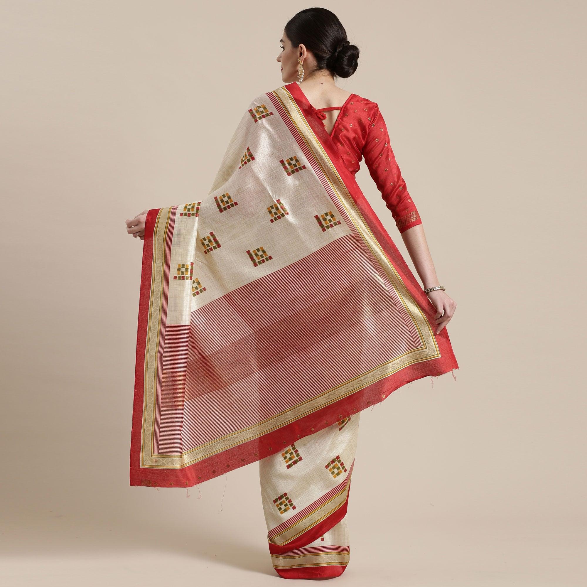 Adorable Cream-Red Colored Festive Wear Geometric Foil Print Patola Silk Saree - Peachmode